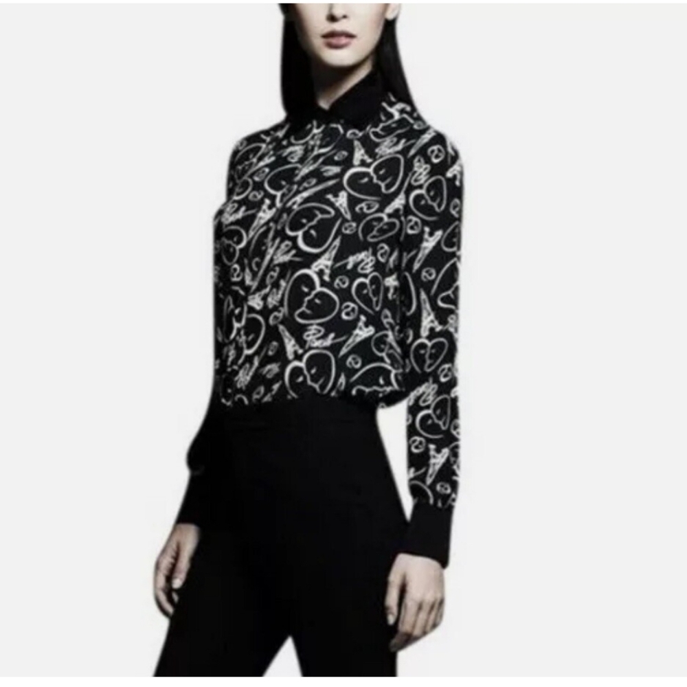 -Catherine Malandrino Novelty Paris Print Snap-Up Blouse
